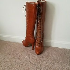 Leather lace up knee high sexy boot